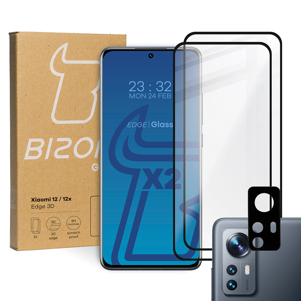 Gehärtetes Glas 3D - 2 Stück + Kameraschutz für Xiaomi 12 / Xiaomi 12X, Bizon Glass Edge Pack, Schwarz