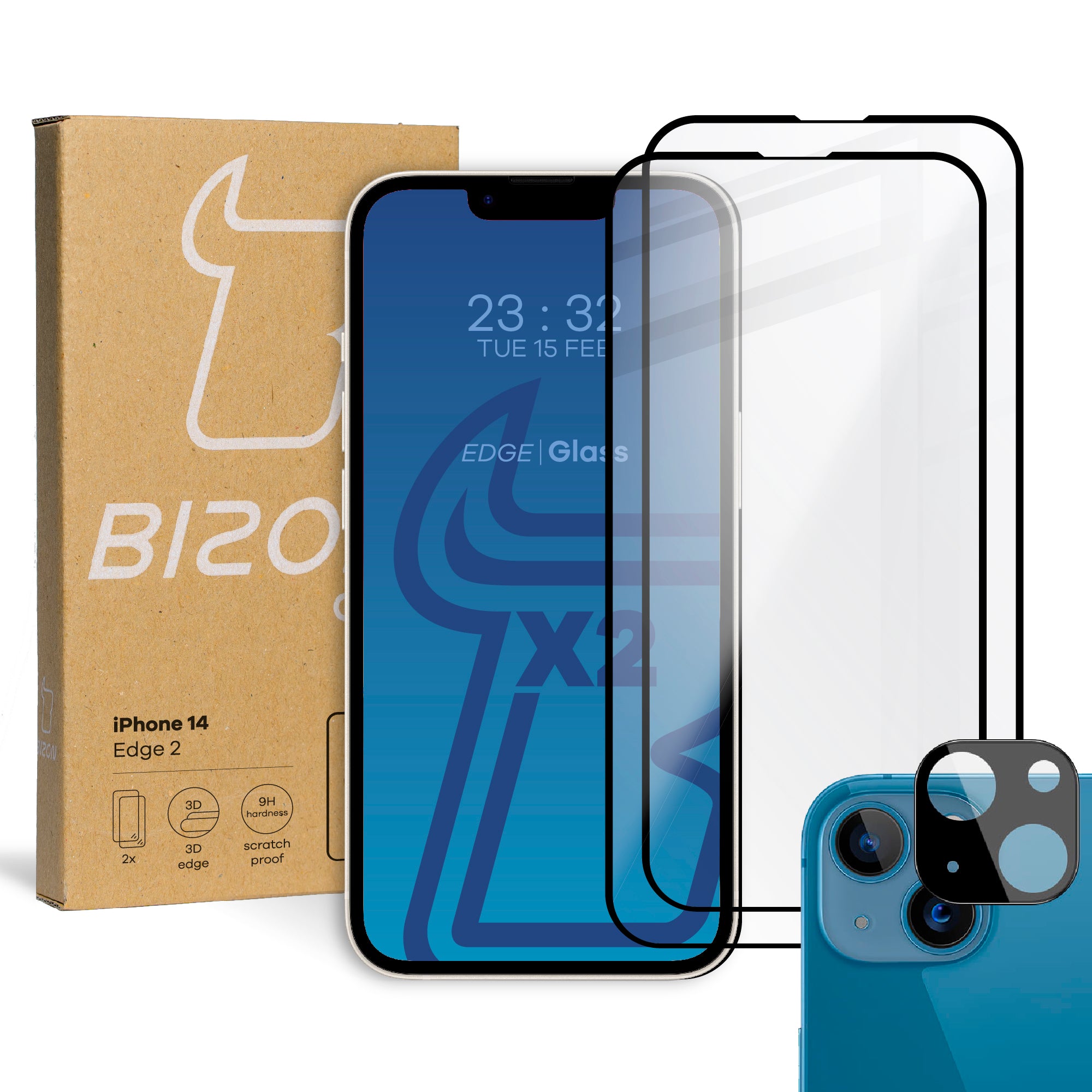 Gehärtetes Glas 2 - 2 Stück + Kameraschutz, iPhone 14, Bizon Glass Edge Pack, Schwarz