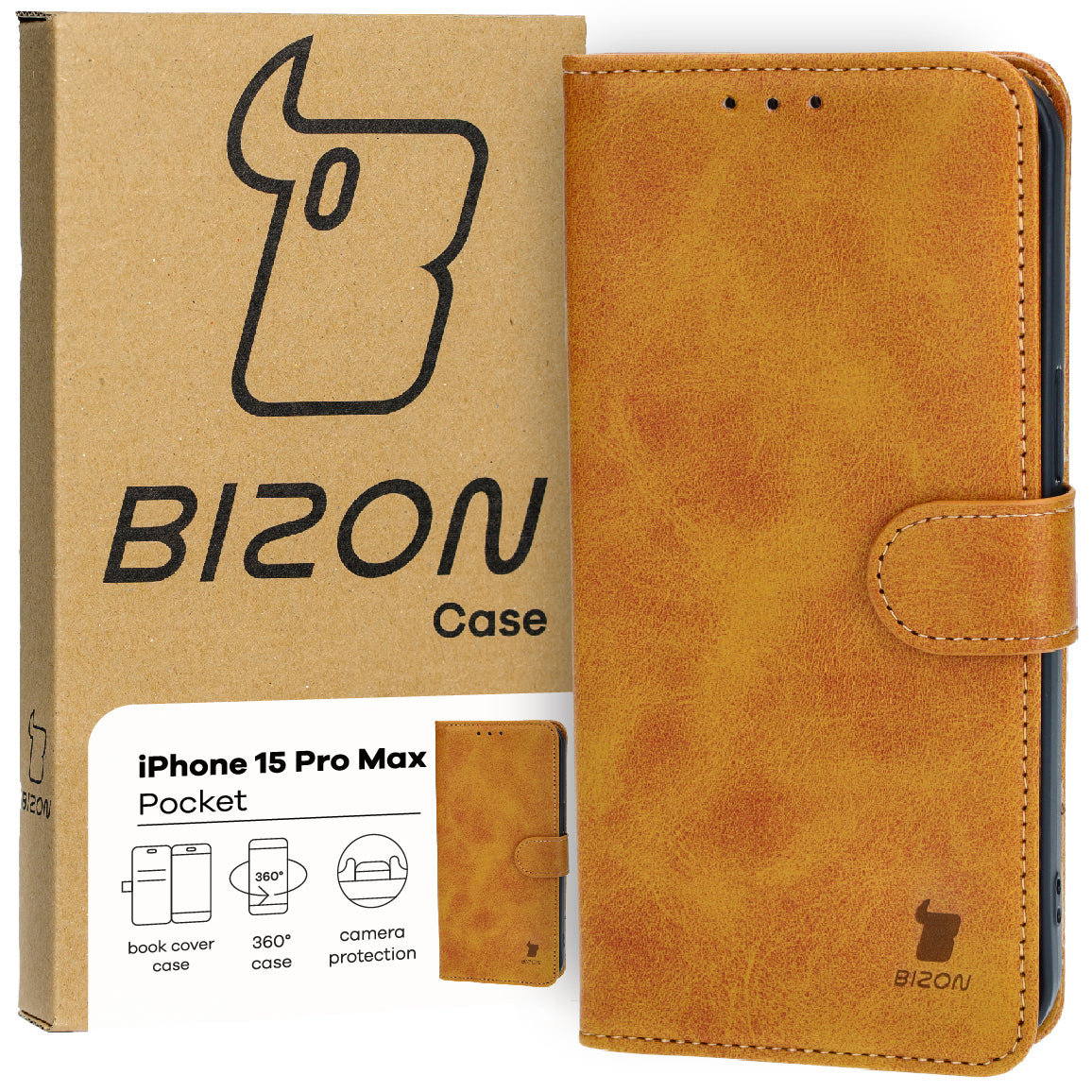 Handyhülle mit Klappe für iPhone 15 Pro Max, Bizon Case Pocket, Braun