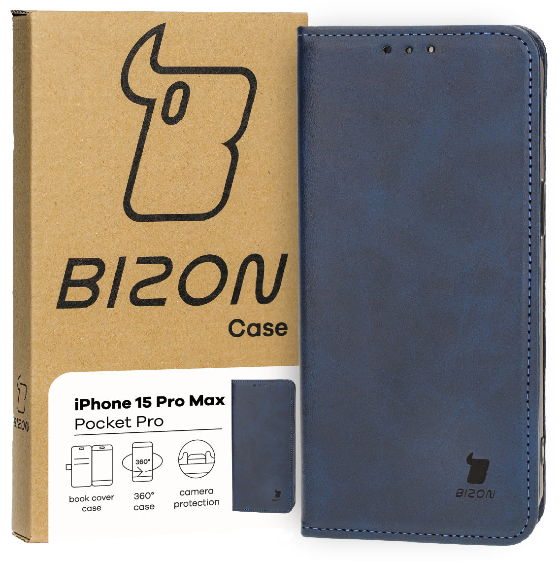 Handyhülle mit Klappe für iPhone 15 Pro Max, Bizon Case Pocket Pro, Dunkelblau