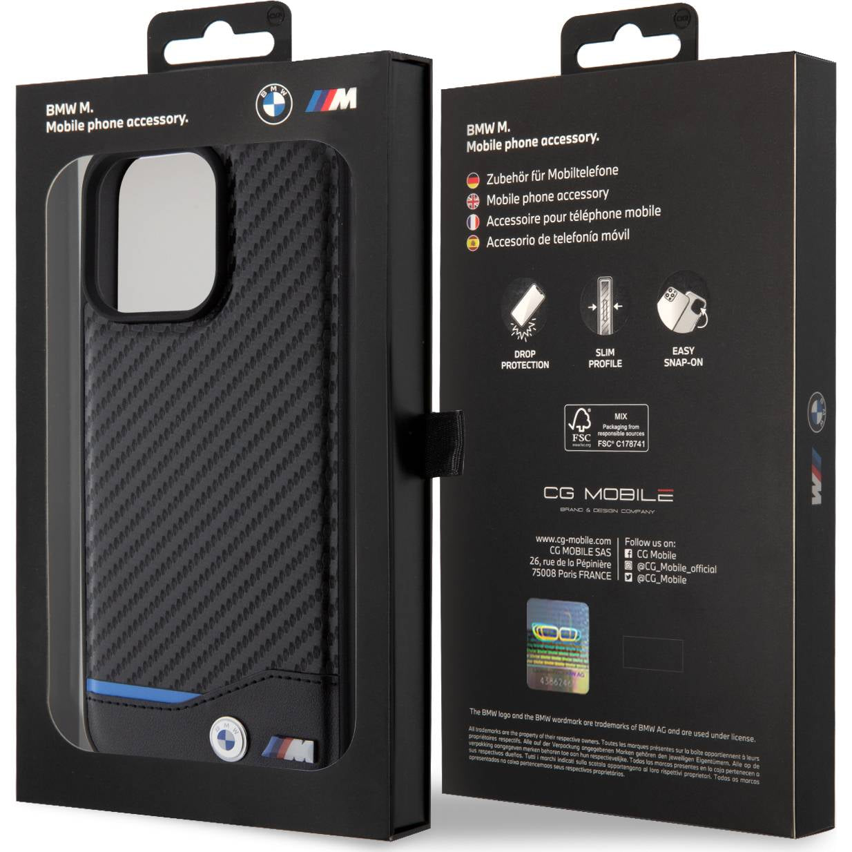 Schutzhülle BMW Leather Carbon für Apple iPhone 15 Pro Max, Schwarz