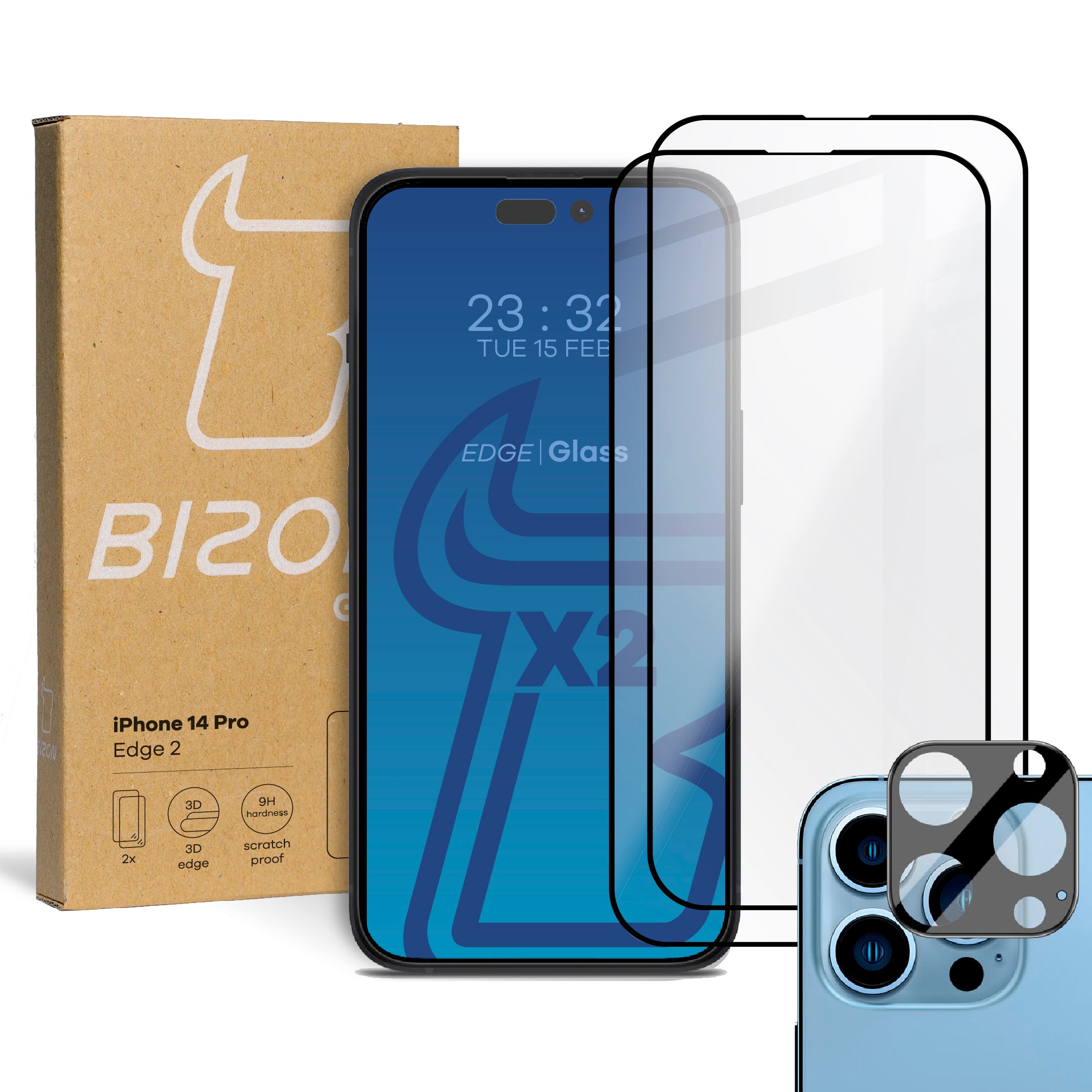 Gehärtetes Glas 2 - 2 Stück + Kameraschutz, iPhone 14 Pro, Bizon Glass Edge Pack, Schwarz