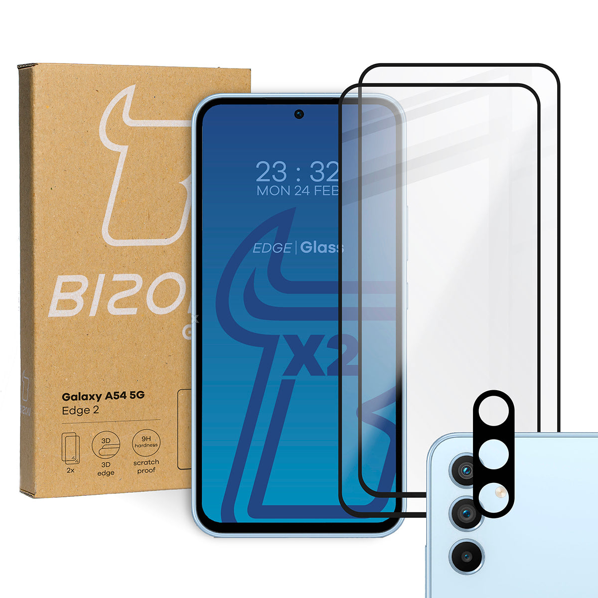Gehärtetes Glas 2 - 2 Stück + Kameraschutz für Galaxy A54 5G, Bizon Glass Edge Pack, Schwarz