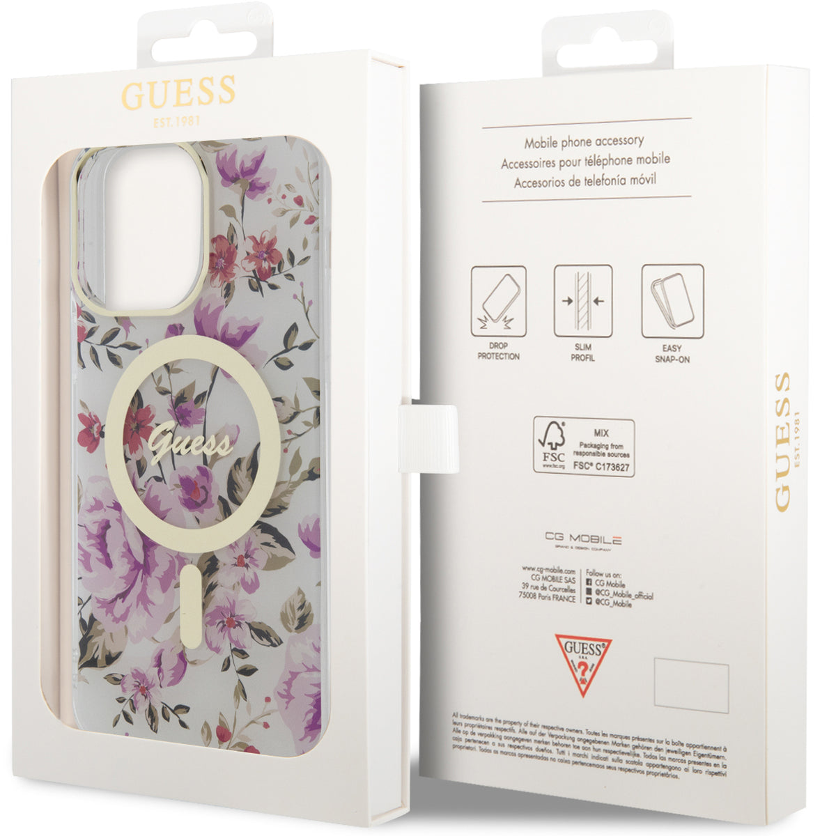 Guess Hardcase Flower MagSafe für iPhone 14 Pro, Transparent mit Blumen