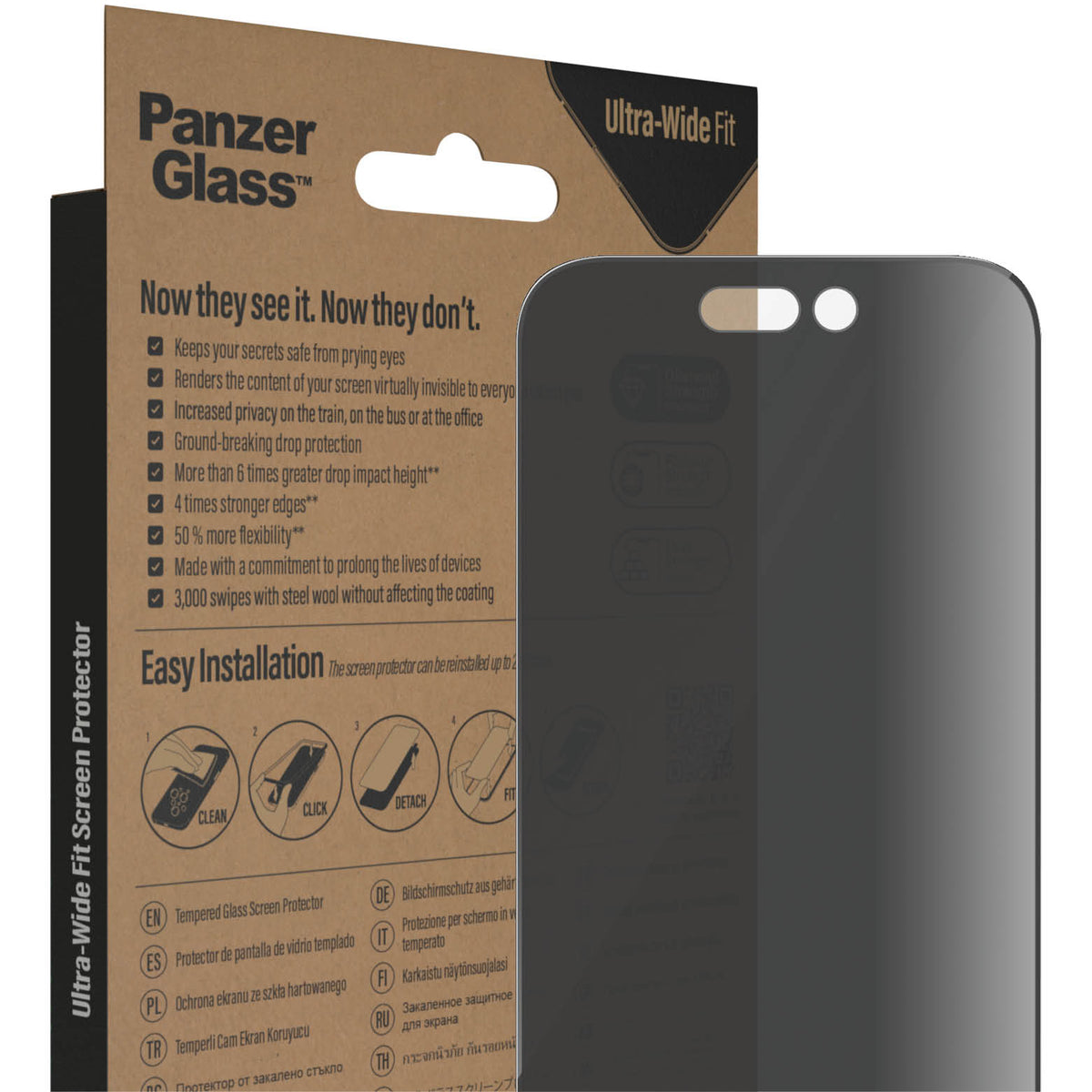 Gehärtetes Glas für das gesamte Display PanzerGlass Ultra-Wide Fit Privacy + EasyAligner für iPhone 14 Pro, Getönte mit schwarzer Rahmen