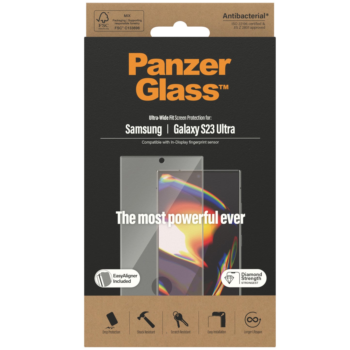 Gehärtetes Glas für das gesamte Display PanzerGlass Ultra-Wide Fit + EasyAligner für Galaxy S23 Ultra, schwarzer Rahmen