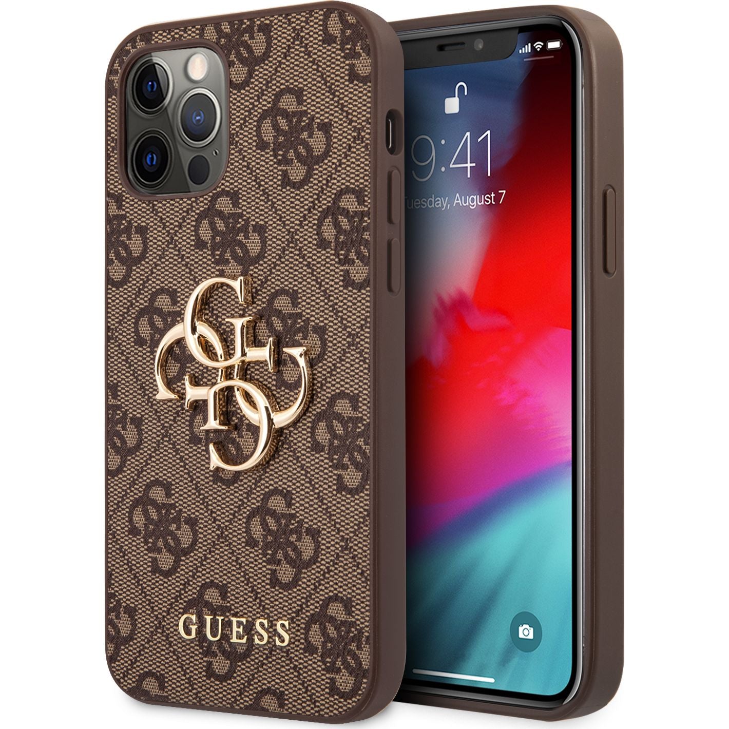 Schutzhülle für iPhone 12 Pro, iPhone 12, Guess 4G Big Metal Logo, Braun