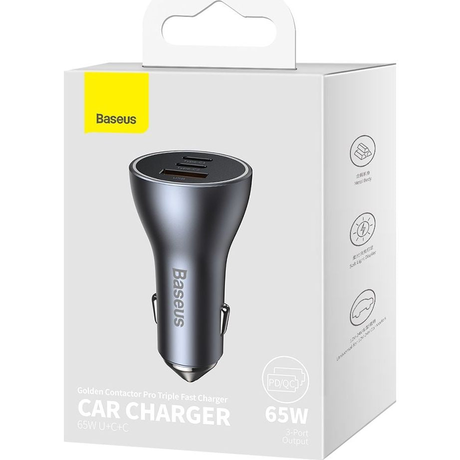 Autoladegerät Baseus Golden Contactor Pro 1xUSB-A, 2xUSB-C, 65W, Grau