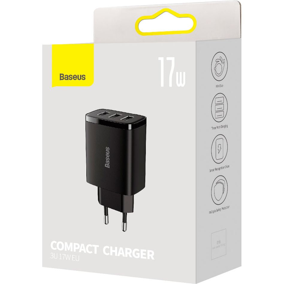 Wandladegerät Baseus Compact 3x USB-A 17 W, Schwarz