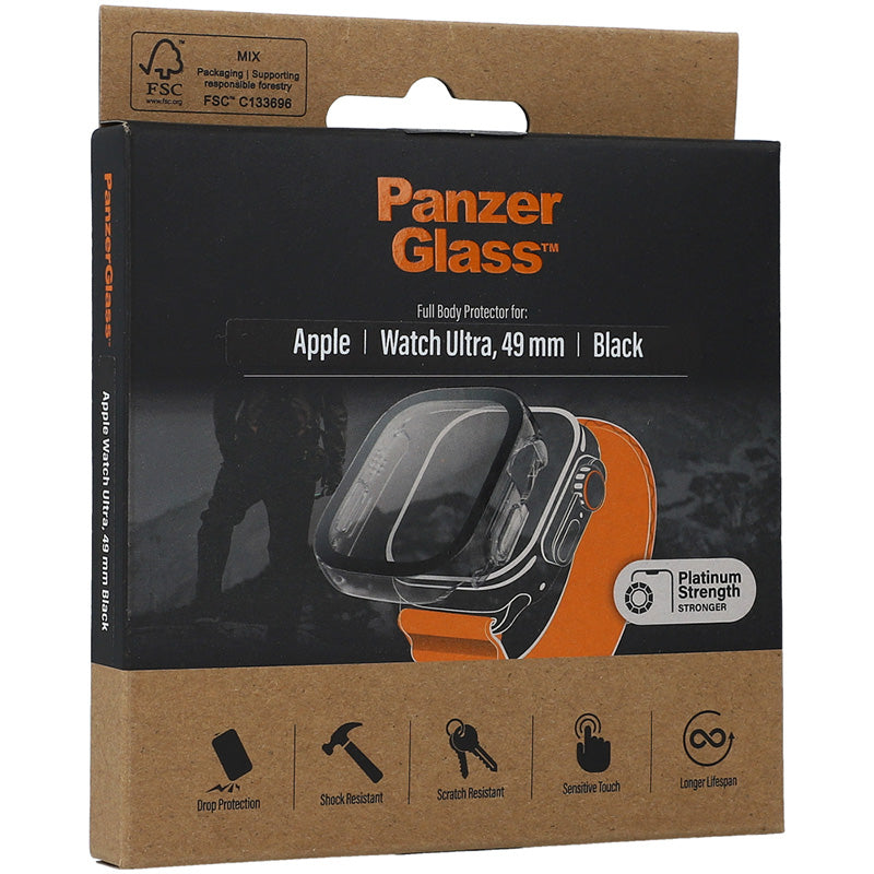 Antibakterielles Glas + Schutzhülle Panzerglass Full Body für Apple Watch Ultra 4/3/2/1 49 mm, Schwarzer Rahmen