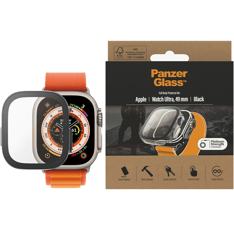Antibakterielles Glas + Schutzhülle Panzerglass Full Body für Apple Watch Ultra 4/3/2/1 49 mm, Schwarzer Rahmen