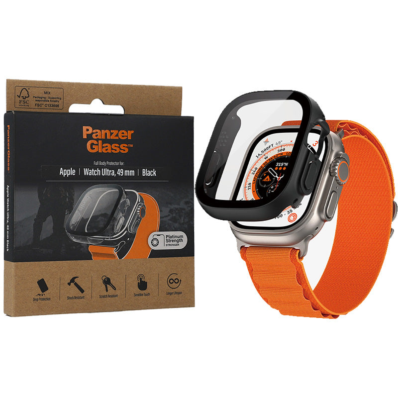 Antibakterielles Glas + Schutzhülle Panzerglass Full Body für Apple Watch Ultra 4/3/2/1 49 mm, Schwarzer Rahmen