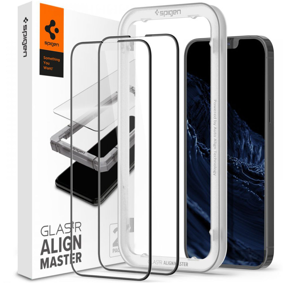 Glas für die Schutzhülle für iPhone 17e / 16e / 14 / 13 Pro / 13 Spigen Glas.tR Slim FC AM 2-Pack, schwarzer Rahmen