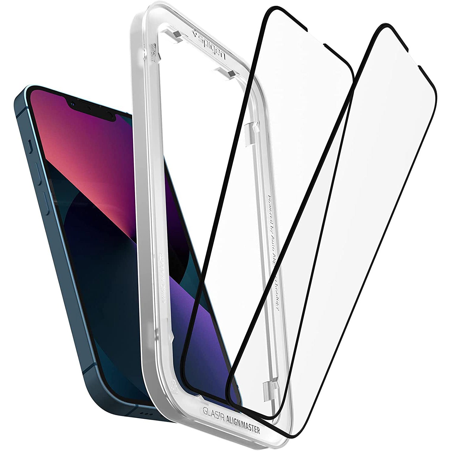 Glas für die Schutzhülle für iPhone 17e / 16e / 14 / 13 Pro / 13 Spigen Glas.tR Slim FC AM 2-Pack, schwarzer Rahmen