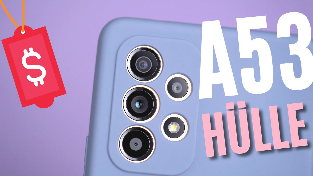 Blue Samsung Galaxy A53 case with price tag, highlighting affordable protective cover under 15 Euro.