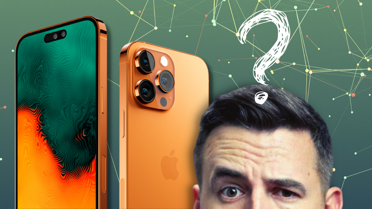 Concept image of new iPhone model with puzzled person next to it, exploring potential iPhone 15 features and design changes.