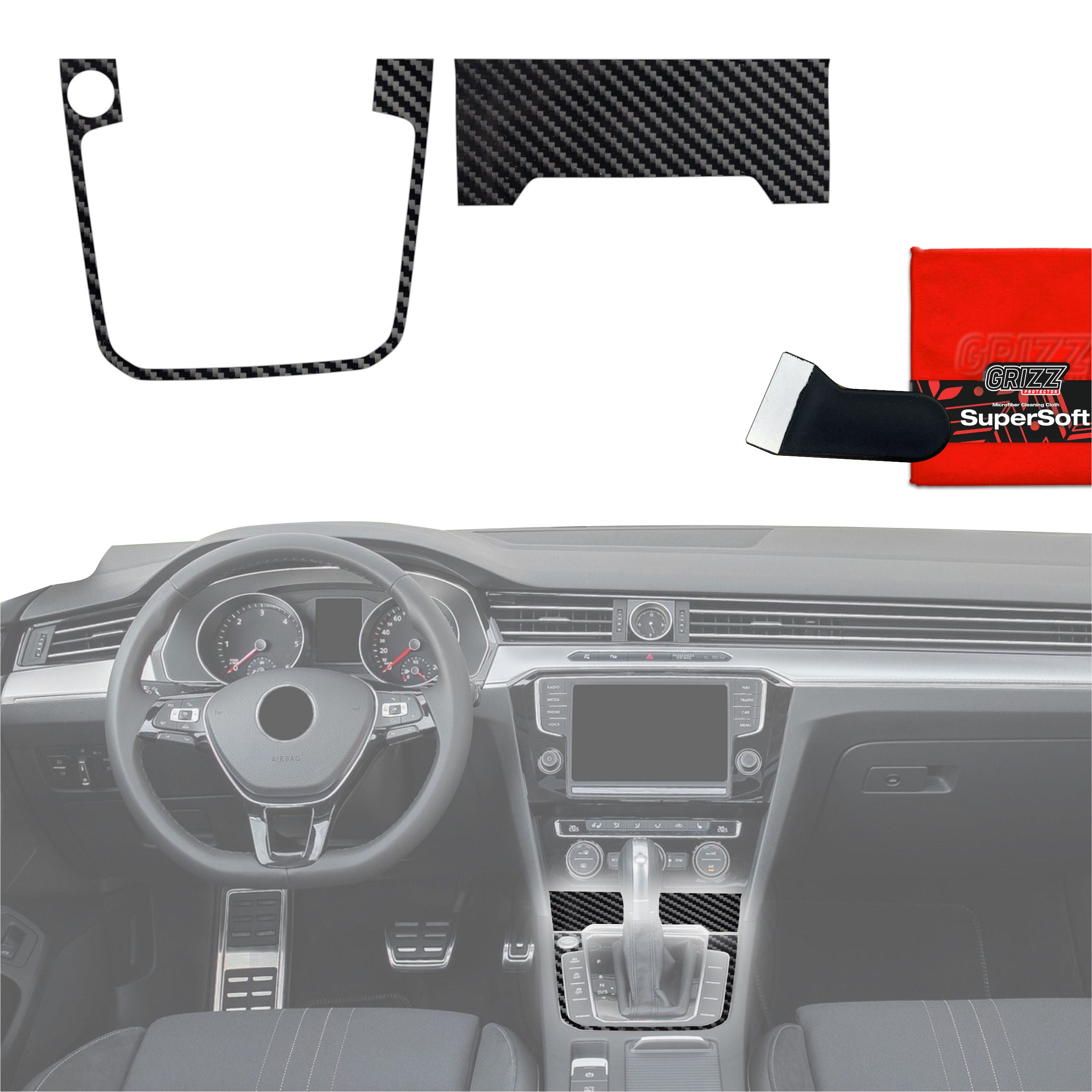 2in1 Schutzfolien Grizz Protector für Mittelkonsole - Volkswagen Passat B8 Alltrack (2014-2023) Carbon Optik Glanz