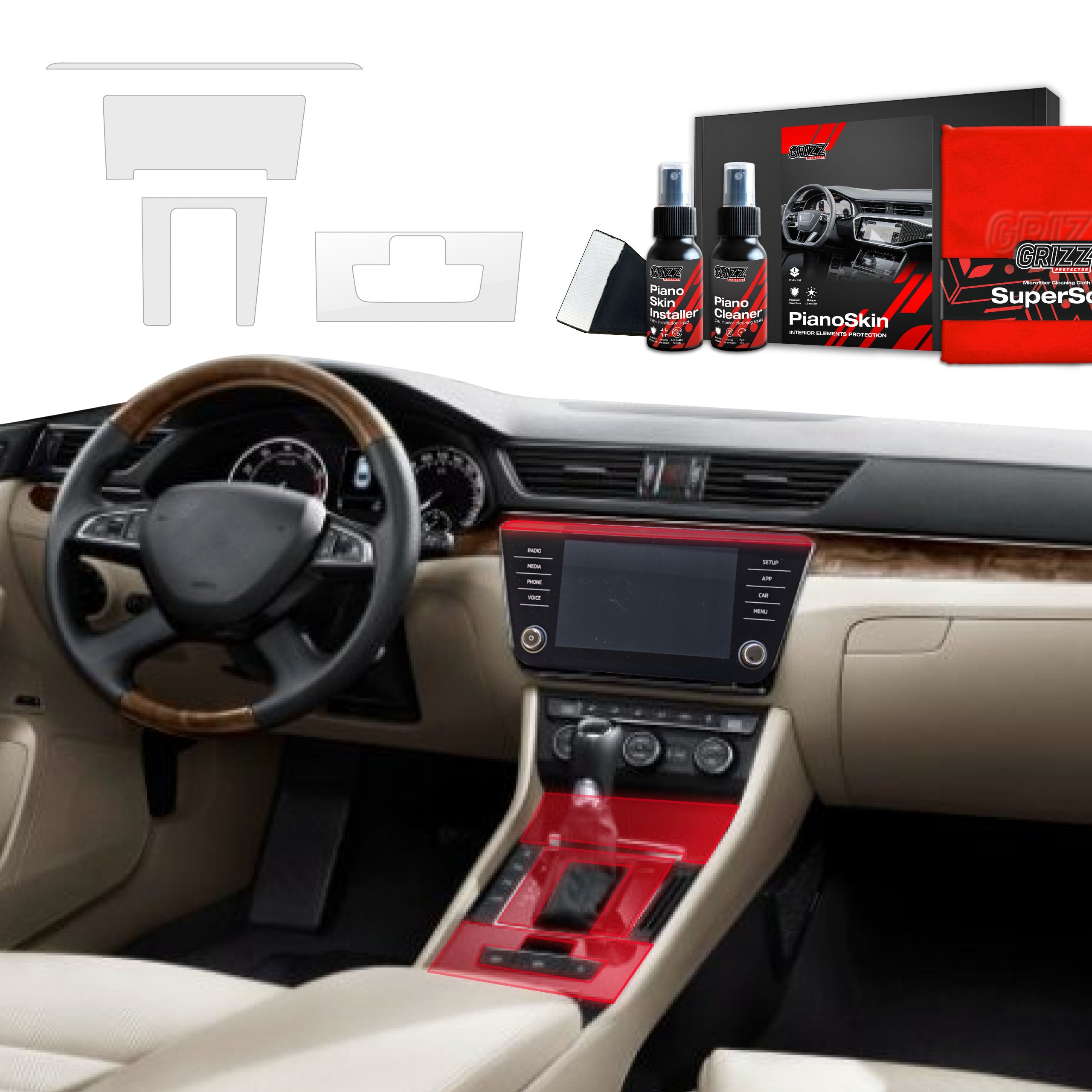 4in1 Mittelkonsole Schutzfolie Grizz Protector für Skoda Superb 3 (2015-2024) Matt