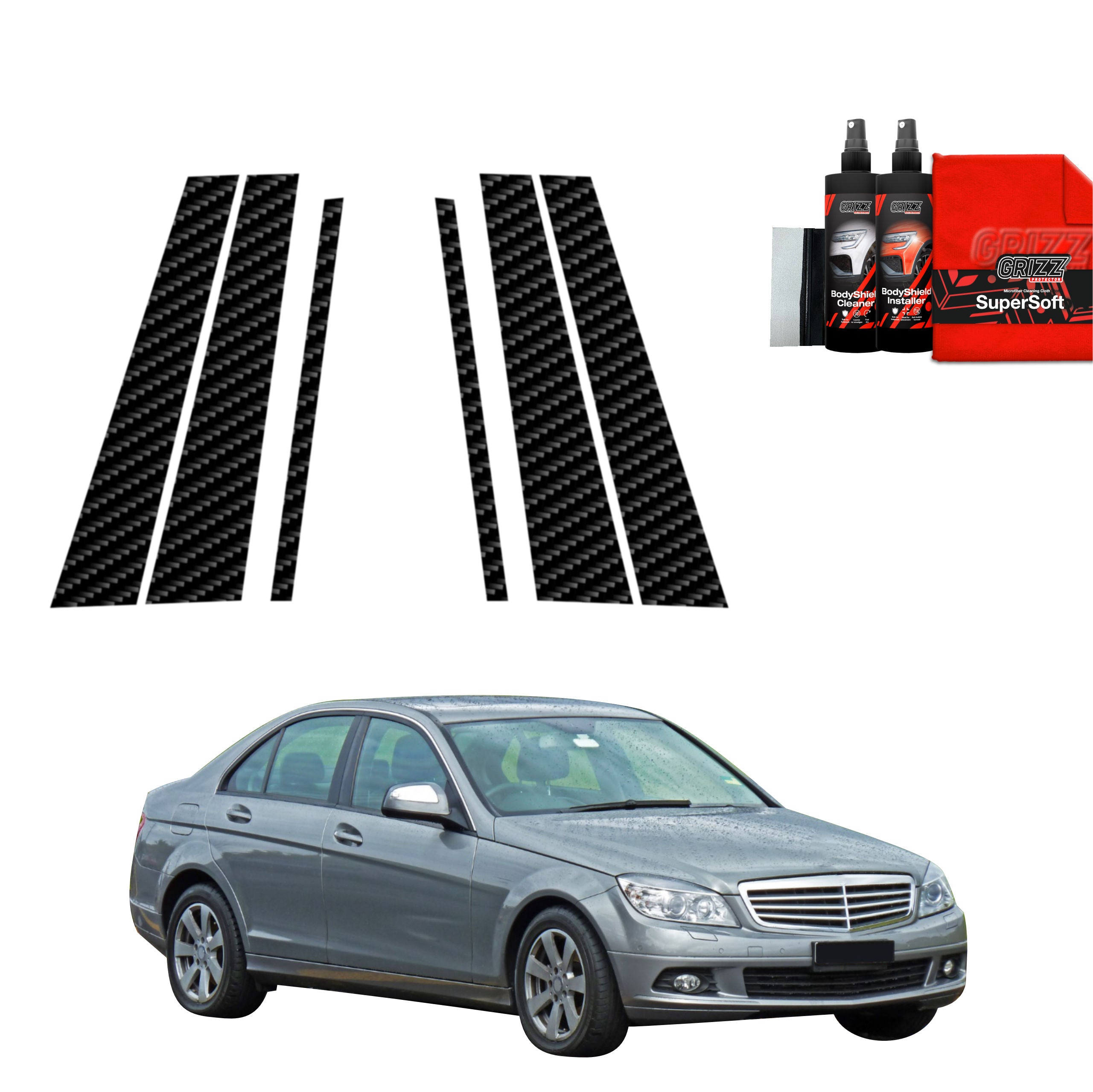 6in1 Kohlenstoff Schutzfolie Grizz Protector für B-C-Säule - Mercedes Benz C Klasse W204 Sedan (2007-2011)