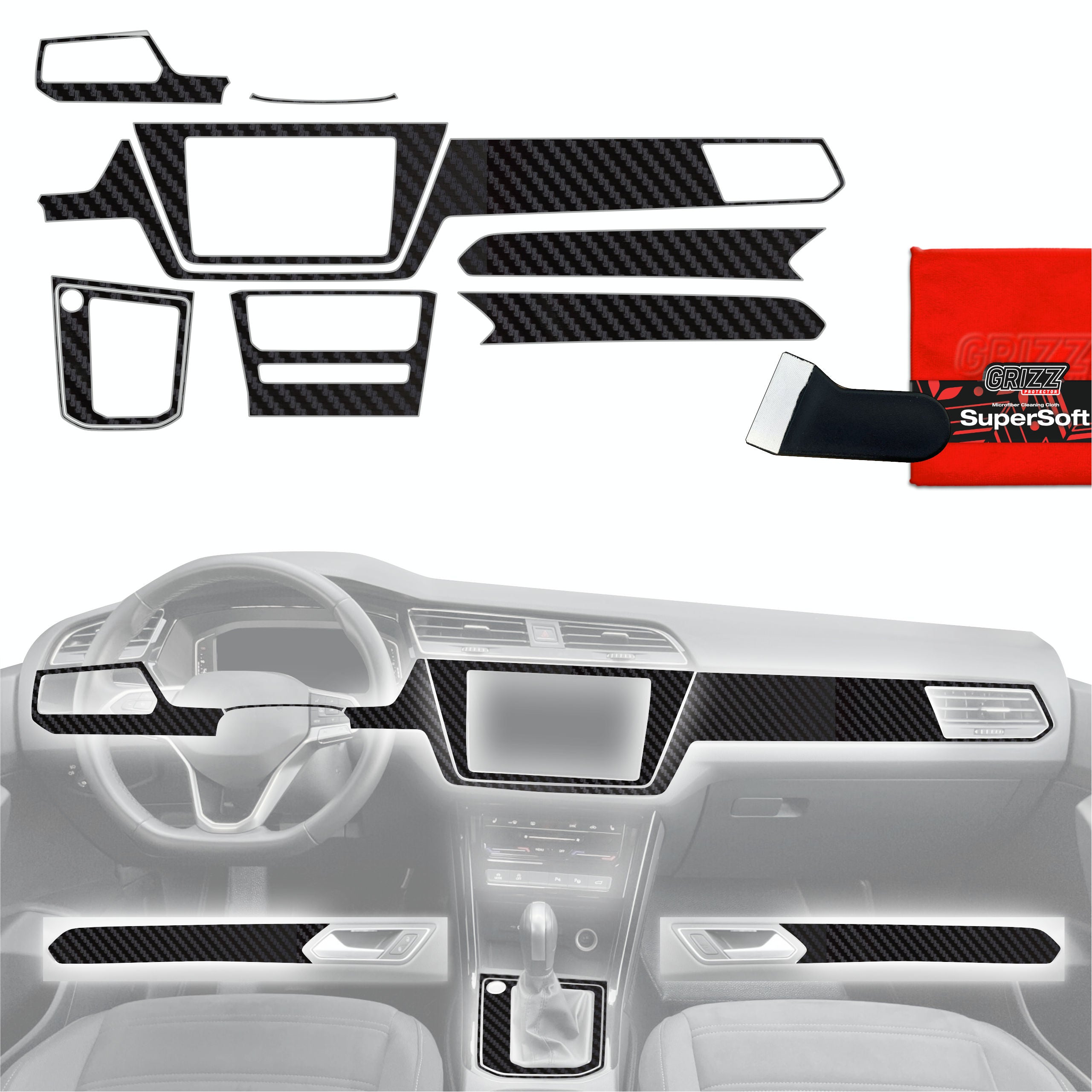 9in1 Schutzfolien Grizz Protector für Mittelkonsole & Armaturenbrett - Volkswagen Touran Highline (2025-2026) Carbon Optik Matt Antifingerprint