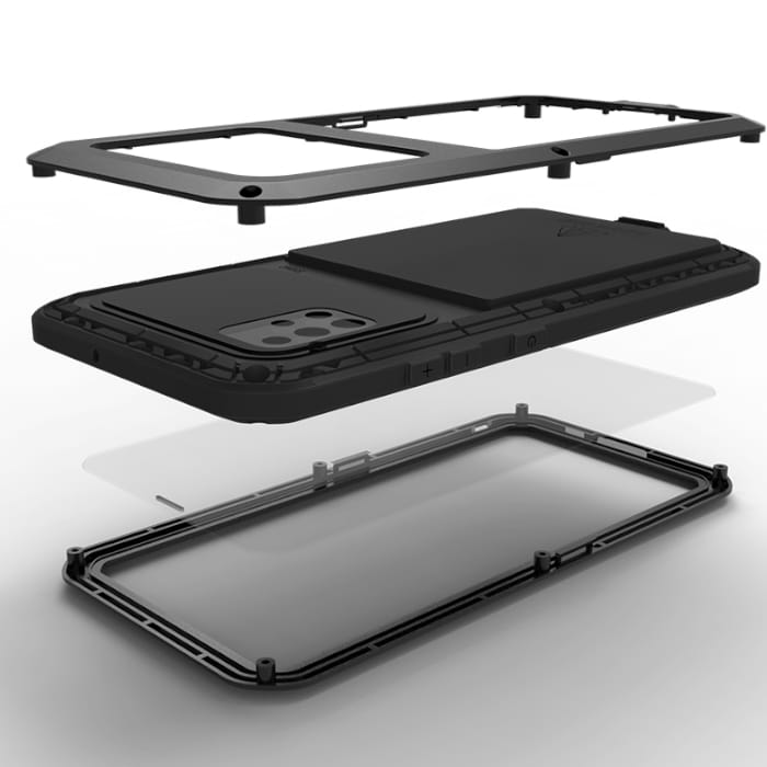 Gepanzerte Schutzhülle mit Glas für Galaxy A51 5G, Love Mei Powerful, Schwarz