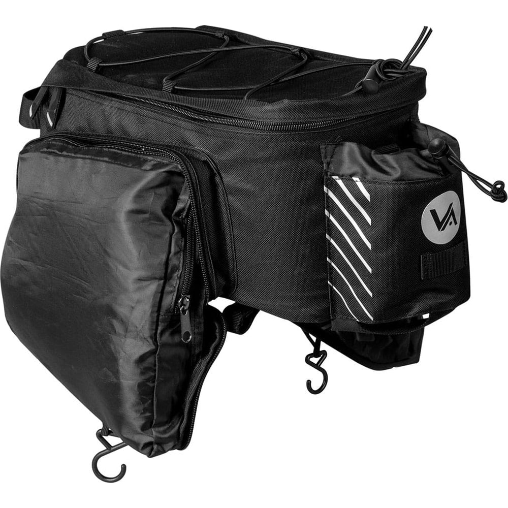 Vayox VA0171 12L black bicycle pannier with adjustable capacity, made from nylon and polyester, for mounting on bike racks.