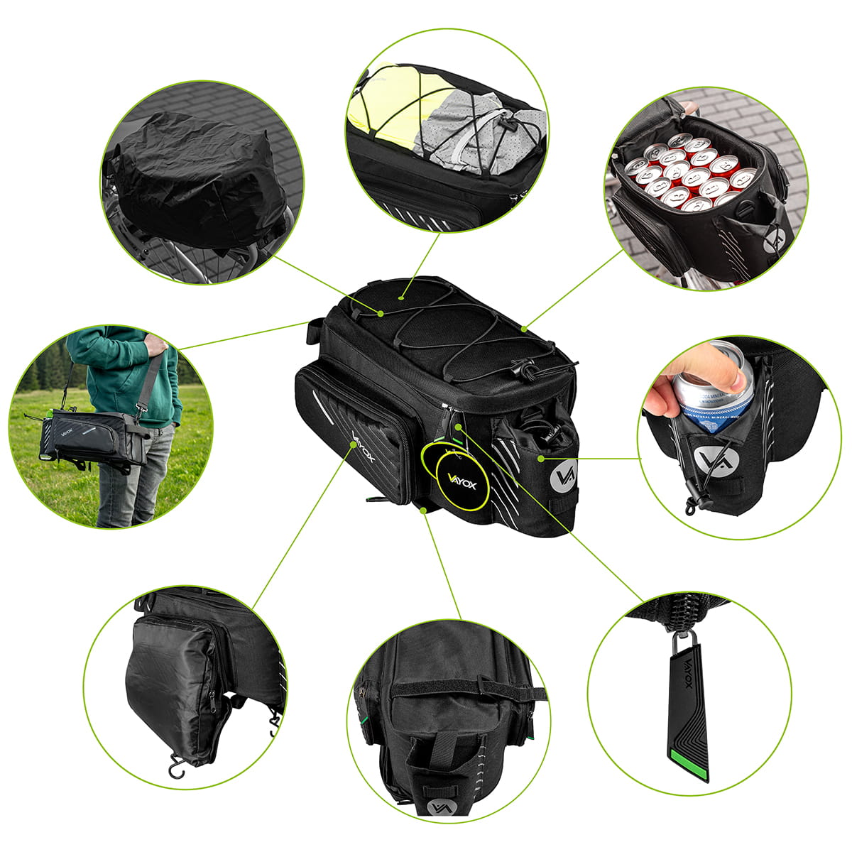 Vayox VA0171 black bike pannier bag with adjustable 9-12L capacity, shown with compartments and versatile uses, made of durable materials.