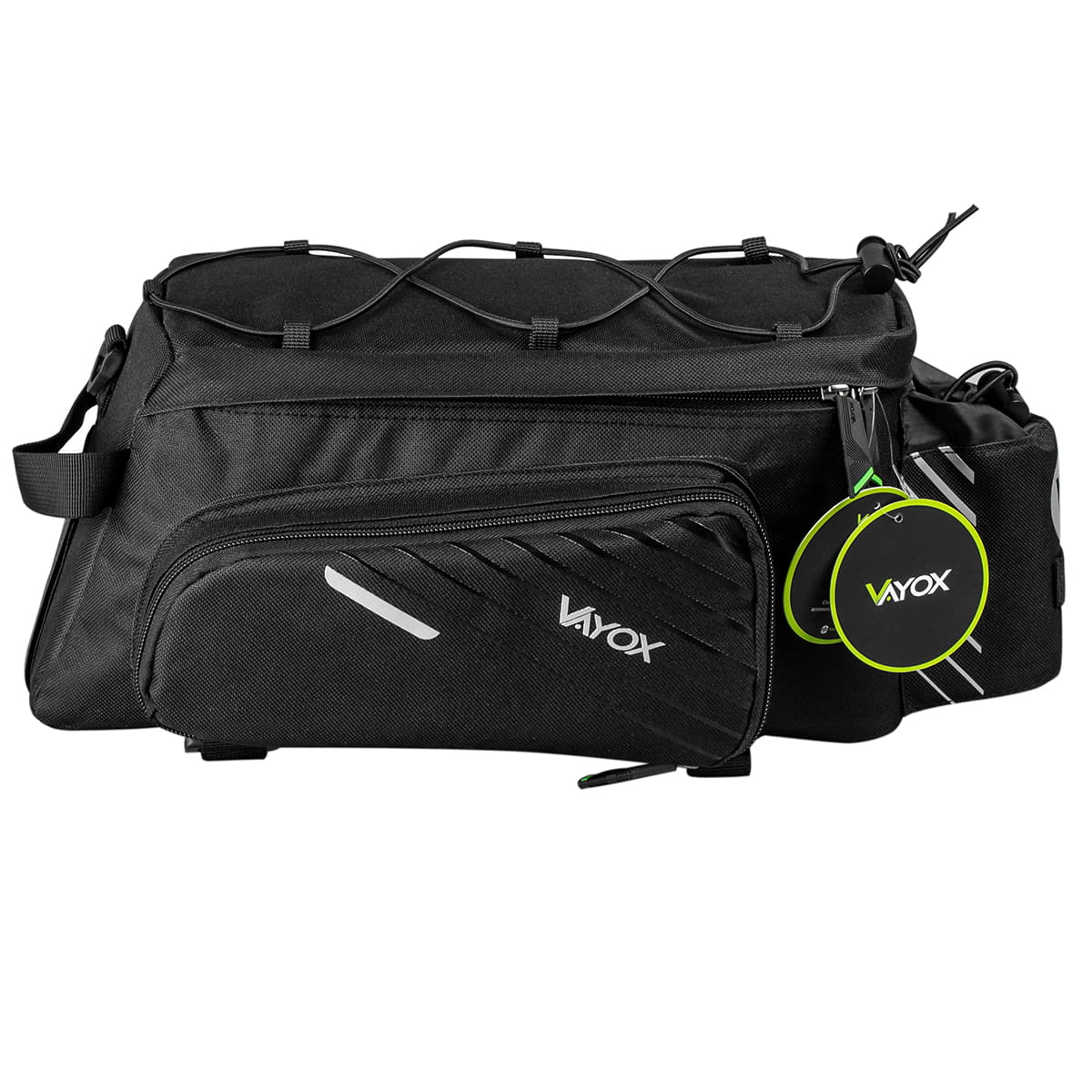 Vayox VA0171 12L black bike carrier bag with adjustable capacity, featuring durable nylon and polyester design, ideal for cycling.