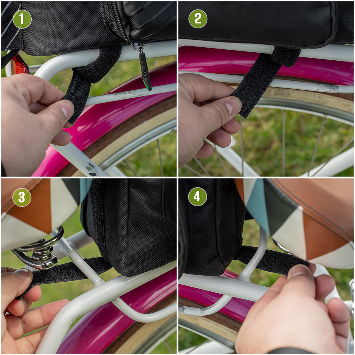Installation steps for Vayox VA0171 bike pannier on a pink cycle rack showing strap attachment and secure fitting.