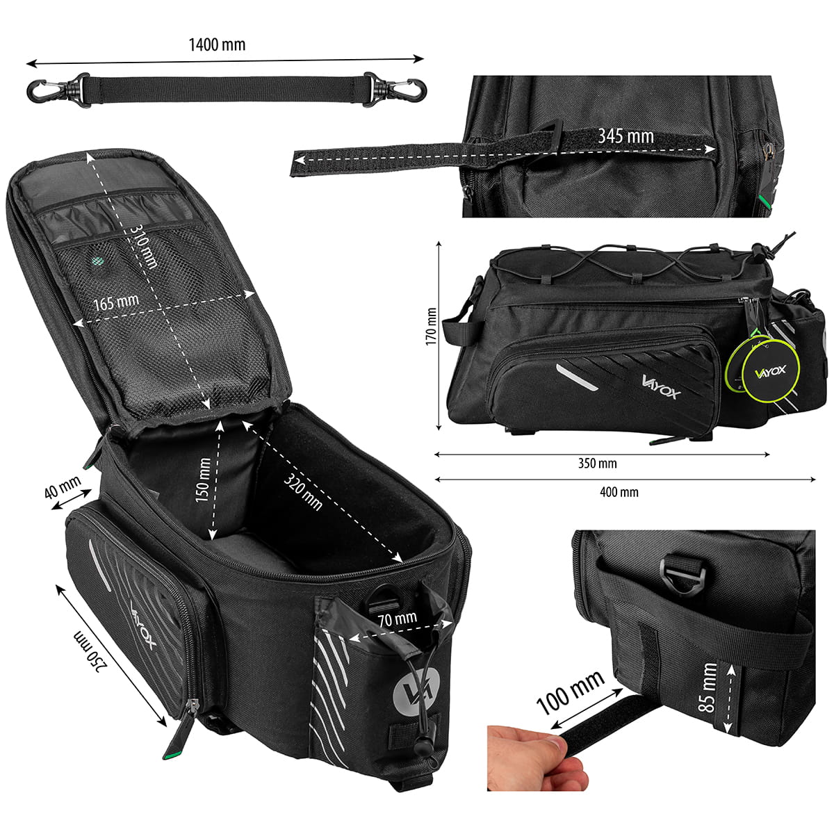 Vayox VA0171 12L Fahrradtasche in Schwarz mit verstellbarem Volumen und Gummizug, robustes Design für Gepäckträger und Schulter.