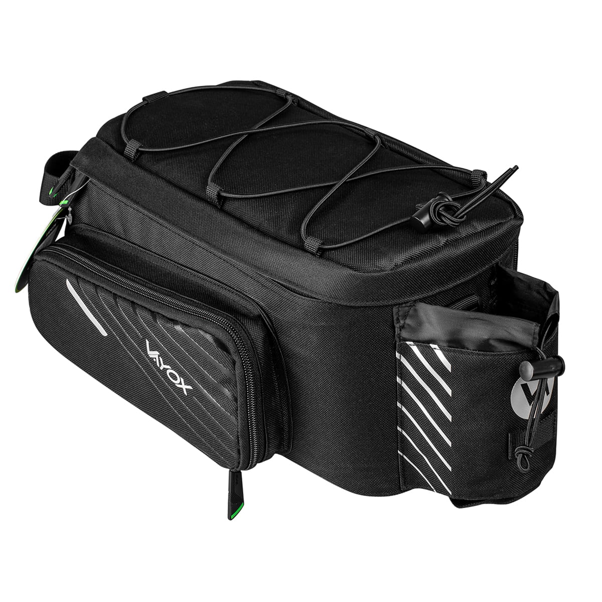 Vayox VA0171 black bike pannier bag, 12L capacity, durable nylon material with external bungee cords and zippered pockets.