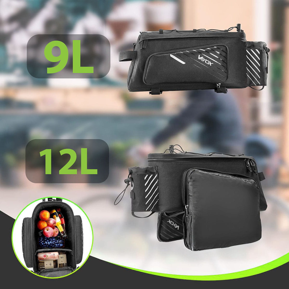 Vayox VA0171 black bike carrier bag, adjustable 9L to 12L capacity, shown with contents, ideal for cycling storage.