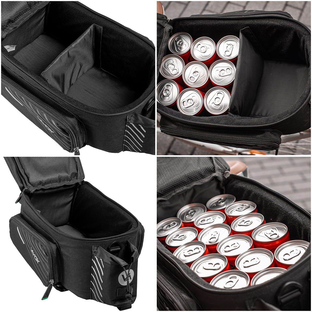 Collage of black Vayox VA0171 bike pannier showing interior space and 12L capacity with beverage cans inside.