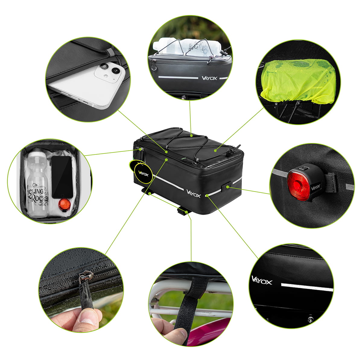 Fahrradtasche Vayox VA0166 8L in Schwarz, Details wie Reißverschluss, Klettverschlüsse, Rücklicht und geräumiges Design gezeigt.
