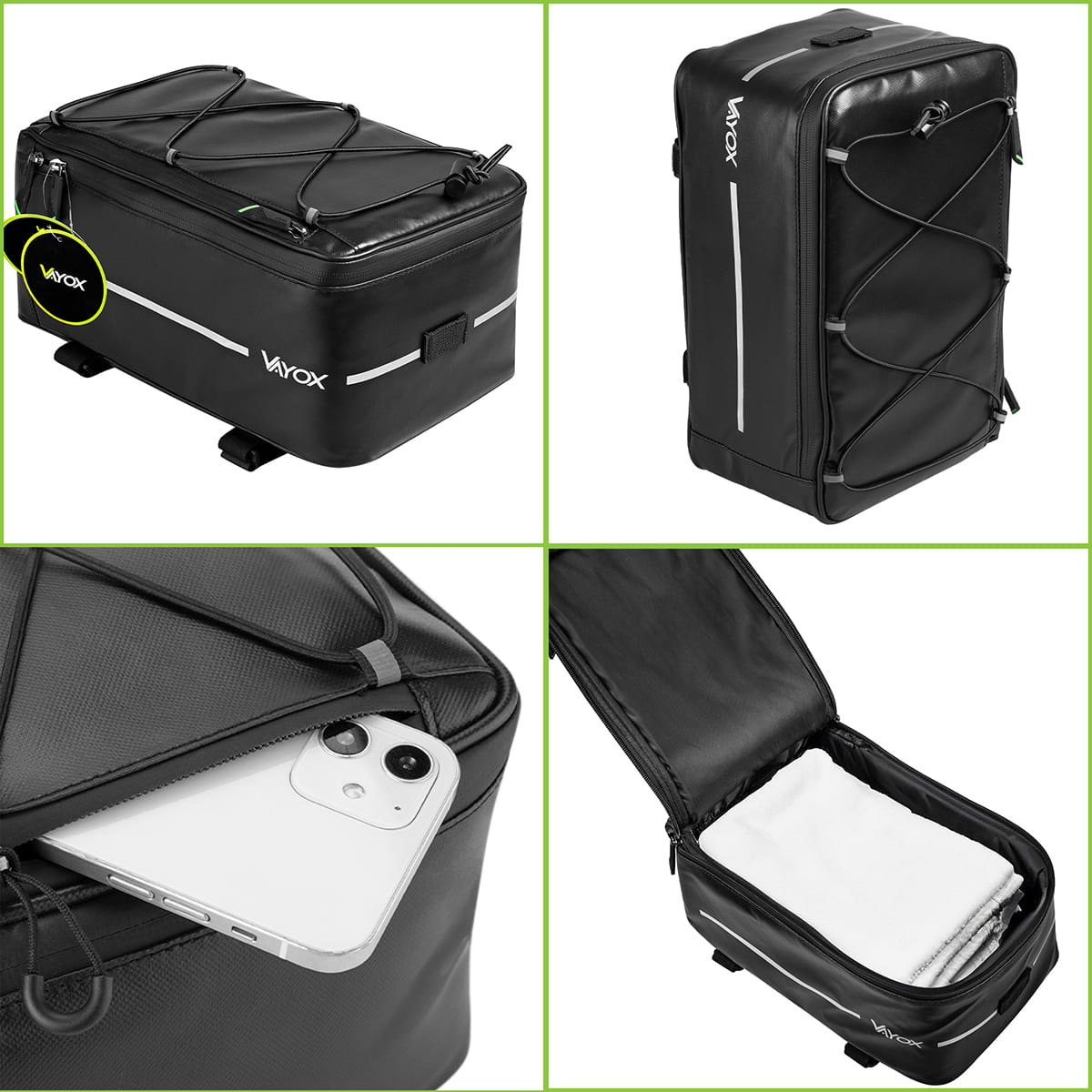 Vayox VA0166 8L black bike rack bag with compartments and easy attachment features for convenient cycling storage.