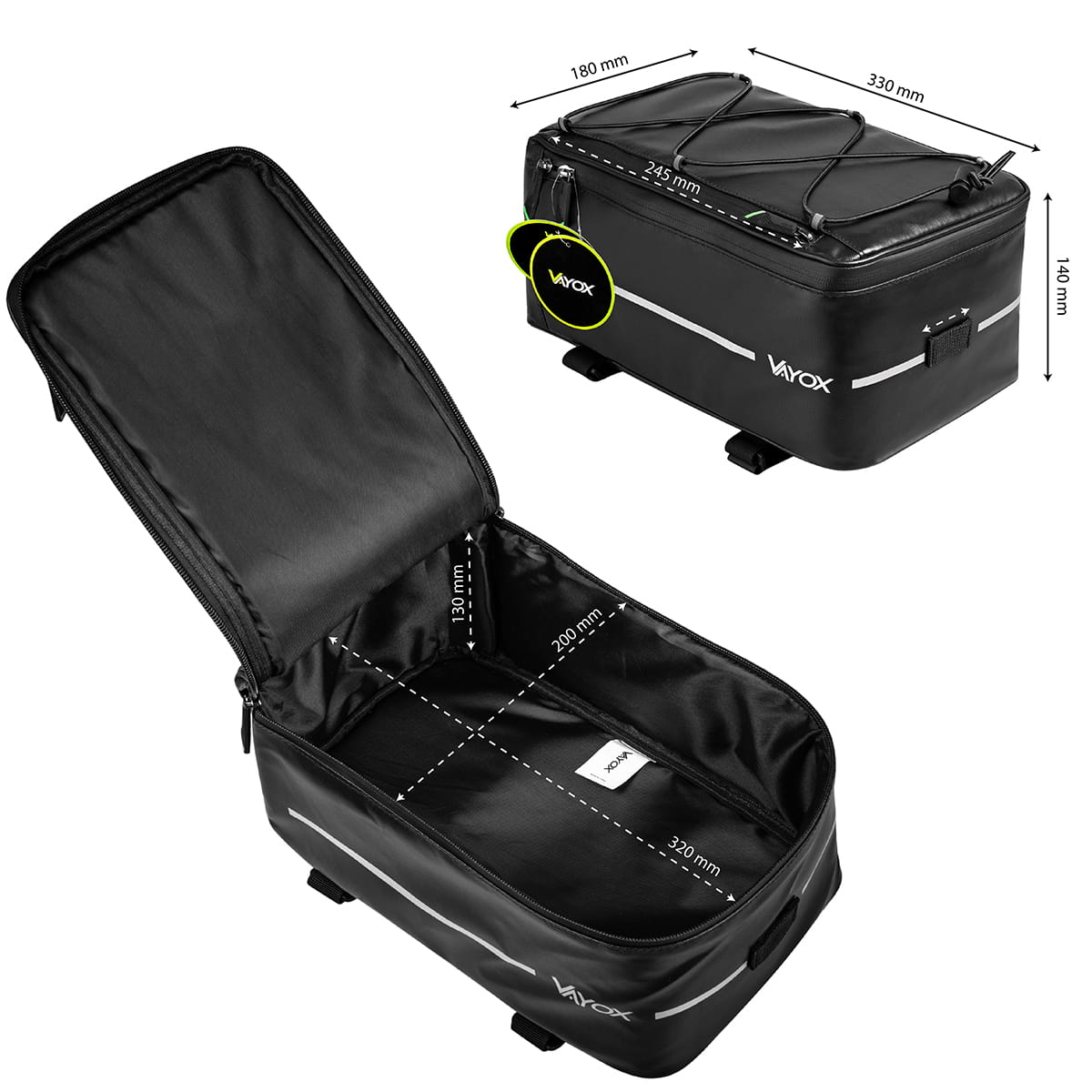 Vayox VA0166 8L black bike pannier bag with dimensions, open and side view