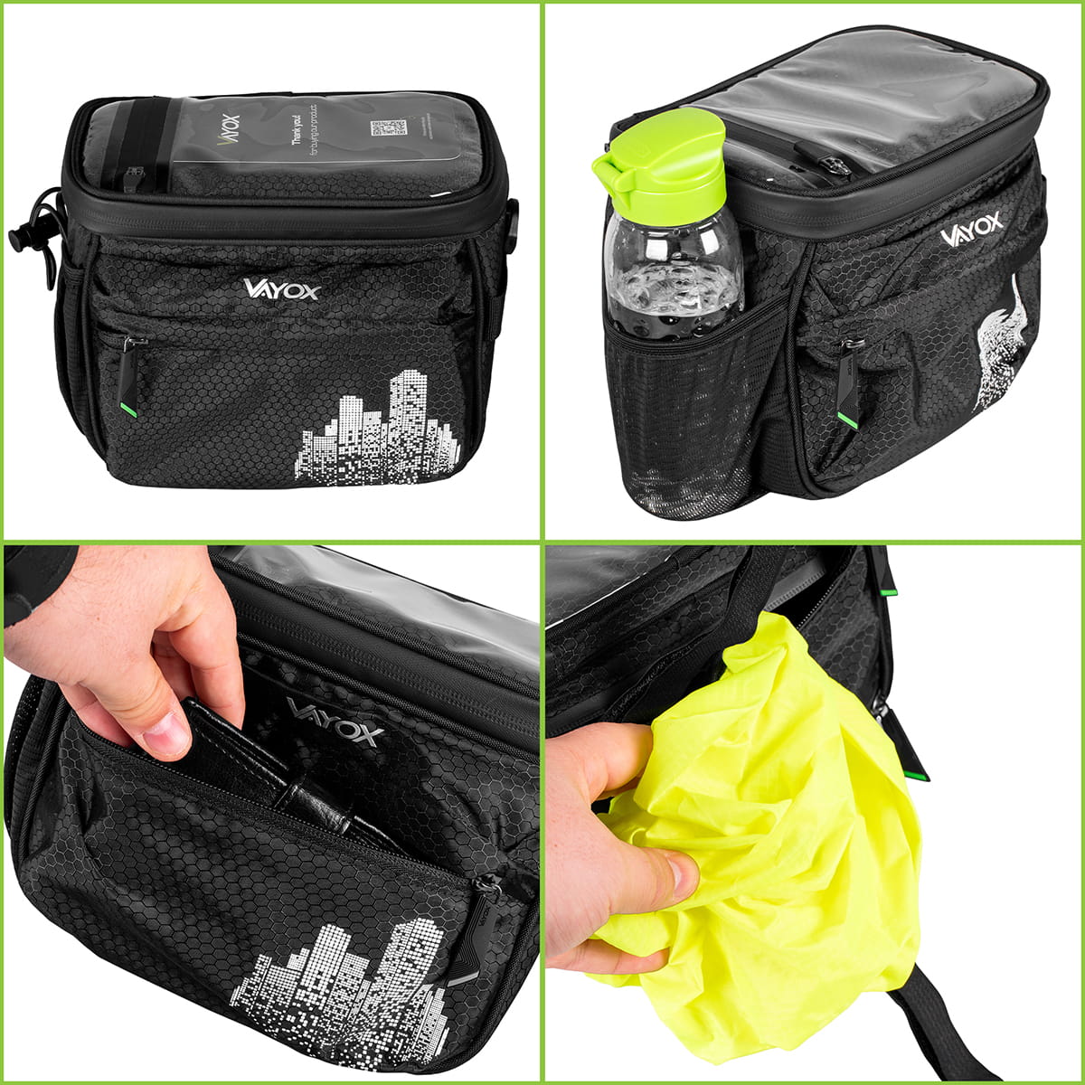 Vayox VA0167 insulated bike handlebar bag with compartments, black, for drinks, snacks, and accessories, 4.6L capacity.
