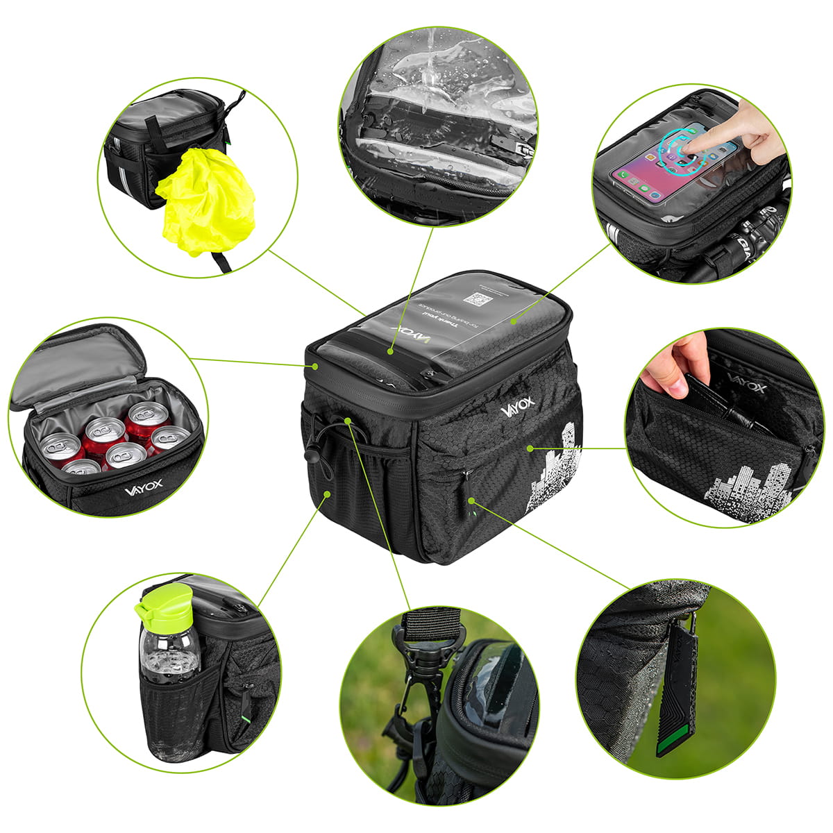 Vayox VA0167 black handlebar bike bag with insulation, 4.6L capacity, multiple pockets, phone access, and secure straps.