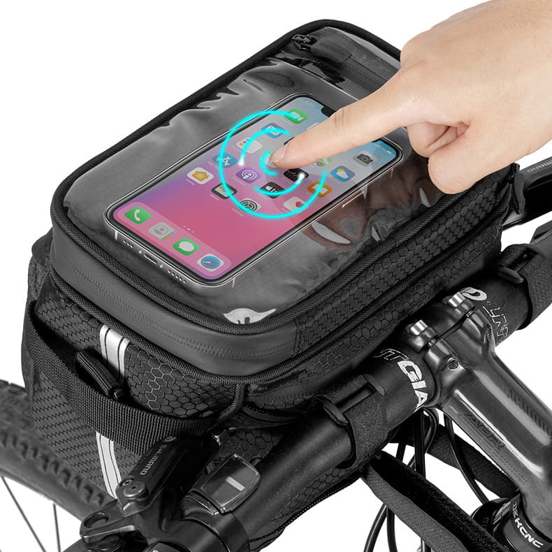 Vayox VA0167 Fahrradtasche mit Smartphone-Display am Lenker eines Fahrrads, ideal für Snacks und Getränke, schwarz