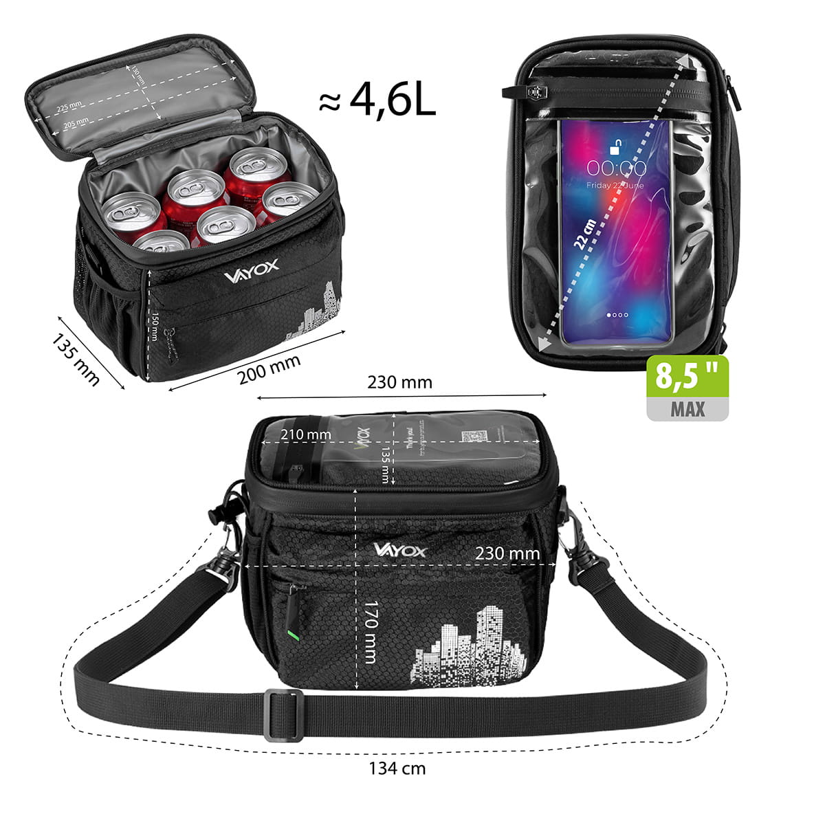 Fahrradtasche Vayox VA0167 mit Isolierung, 4,6L Kapazität, perfekt für Getränke, Snacks oder ein Lunchpaket, abgebildet in Schwarz.