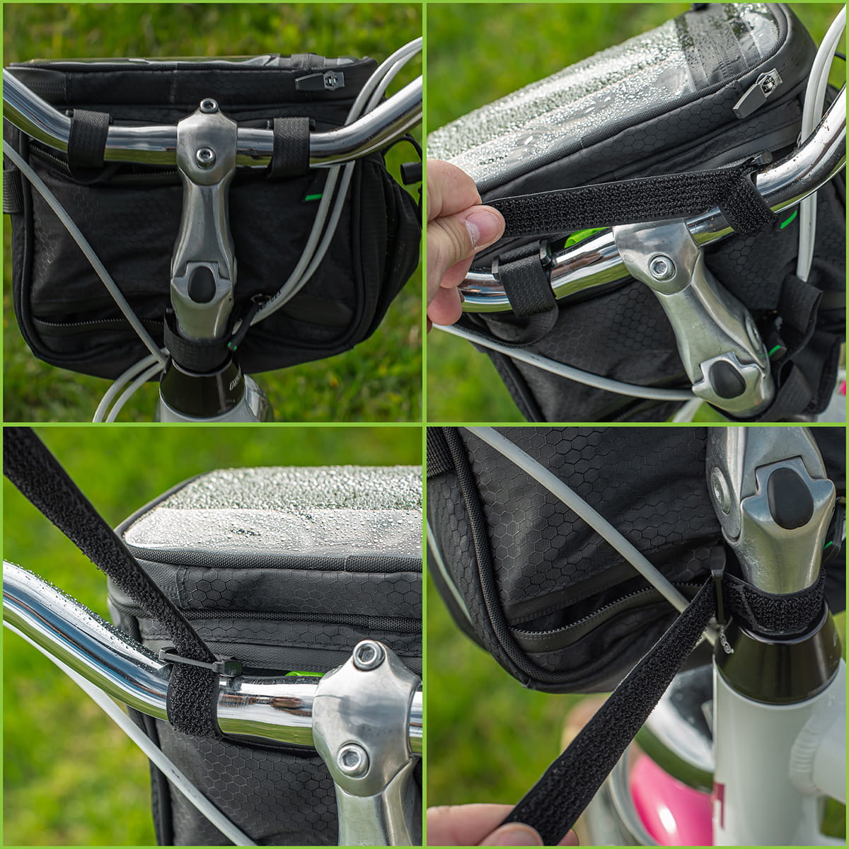 Close-up of Vayox VA0167 insulated bike handlebar bag showcasing attachment straps and waterproof material.
