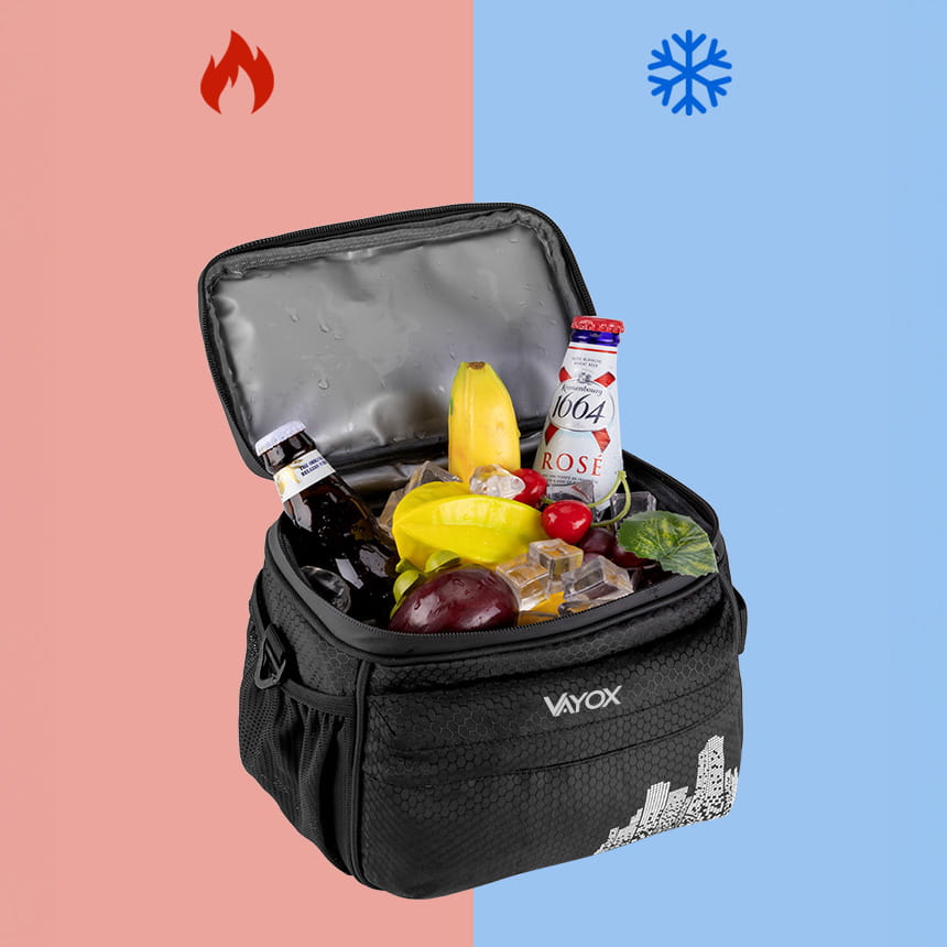 Vayox VA0167 Fahrradtasche mit thermischer Isolierung, 4.6L, gefüllt mit Flaschen und Obst, ideal für Erfrischungen unterwegs