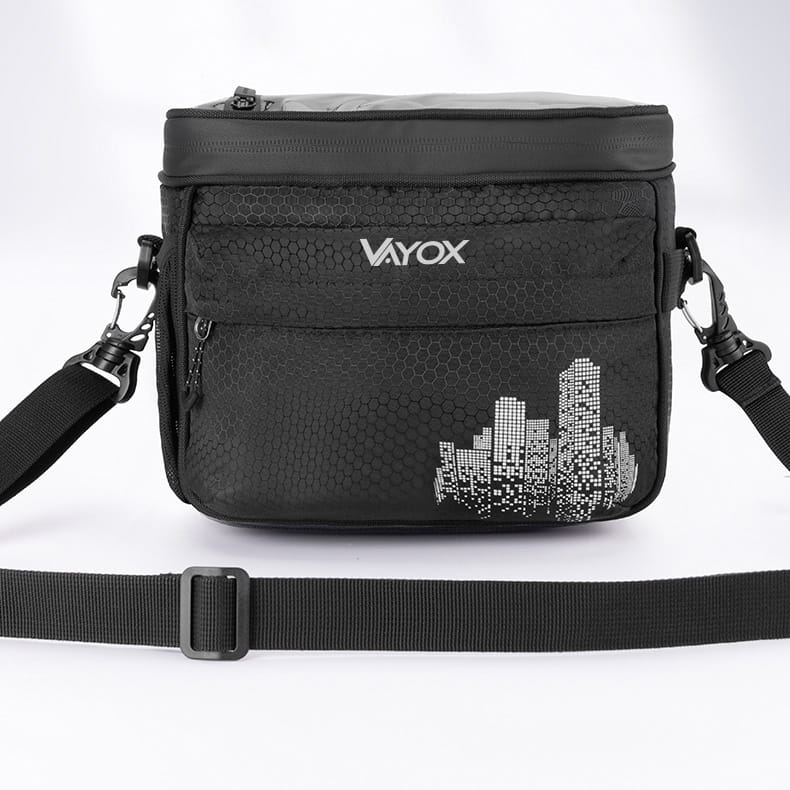 Vayox VA0167 black insulated handlebar bike bag, 4.6L capacity, modern design with shoulder strap and urban graphic print.
