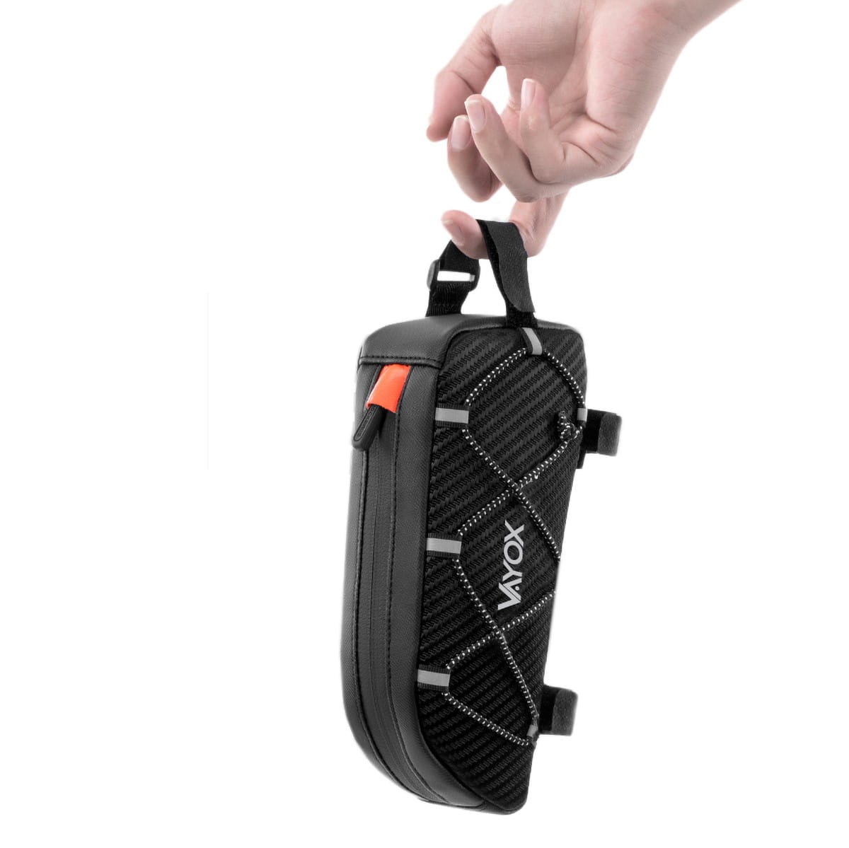 Black Vayox VA0347 1L bike frame bag held up, compact and lightweight design for essential items.