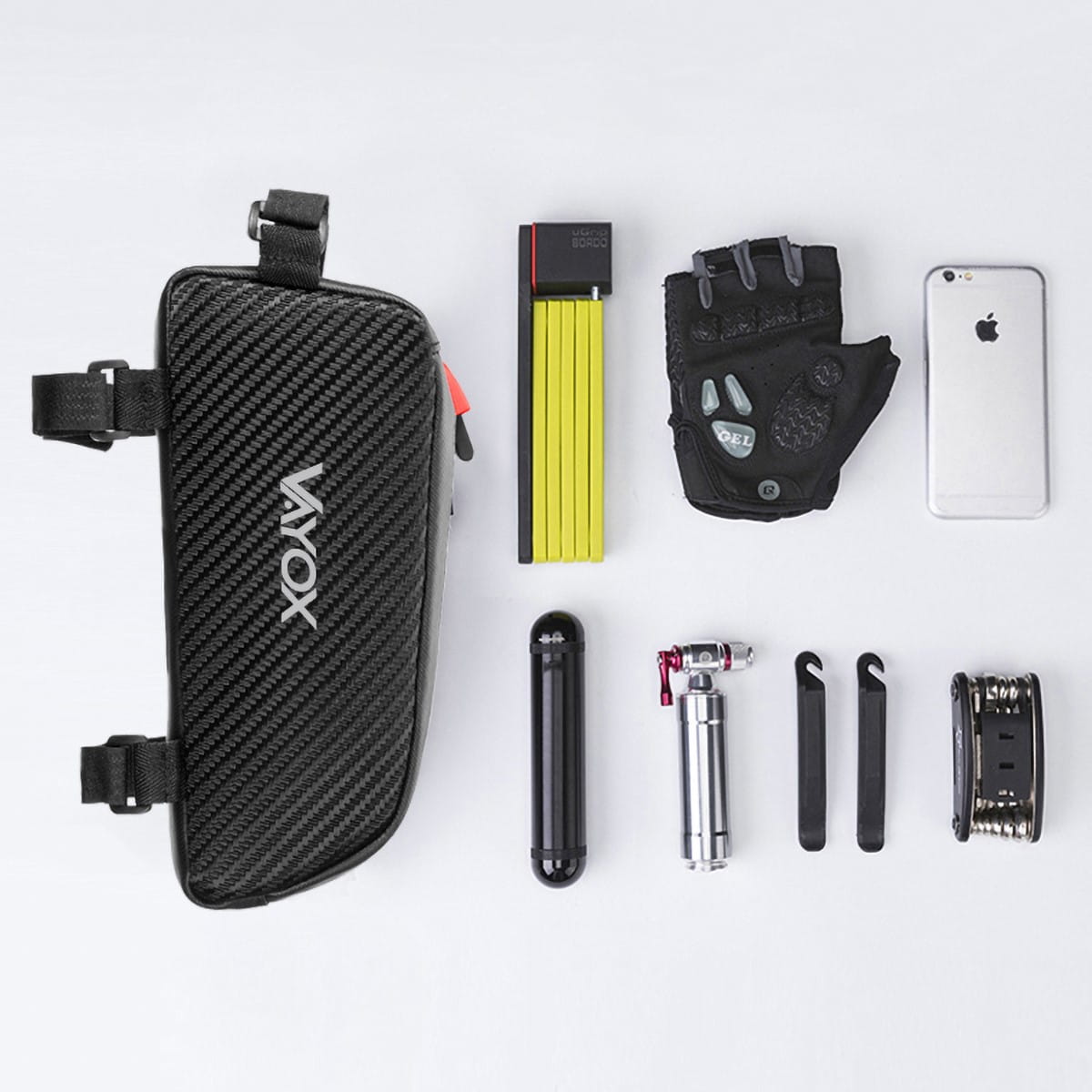 Vayox VA0347 1L black bike frame bag with tools and accessories, including lock, gloves, iPhone, pump, and multi-tool laid out on a white background.
