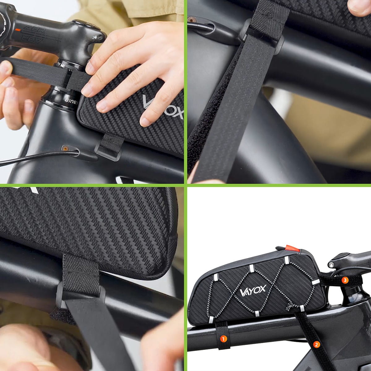 Attaching Vayox VA0347 1L black bike frame bag, ideal for carrying essentials like phone or wallet, compact and lightweight.