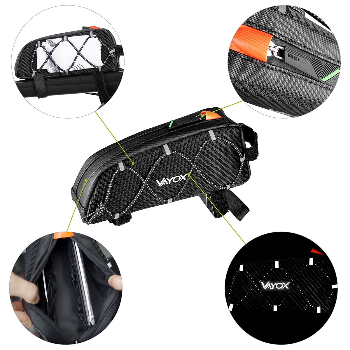 Vayox VA0347 1L black bike frame bag with pockets for phone and tools, lightweight, compact design, ideal for cyclists.