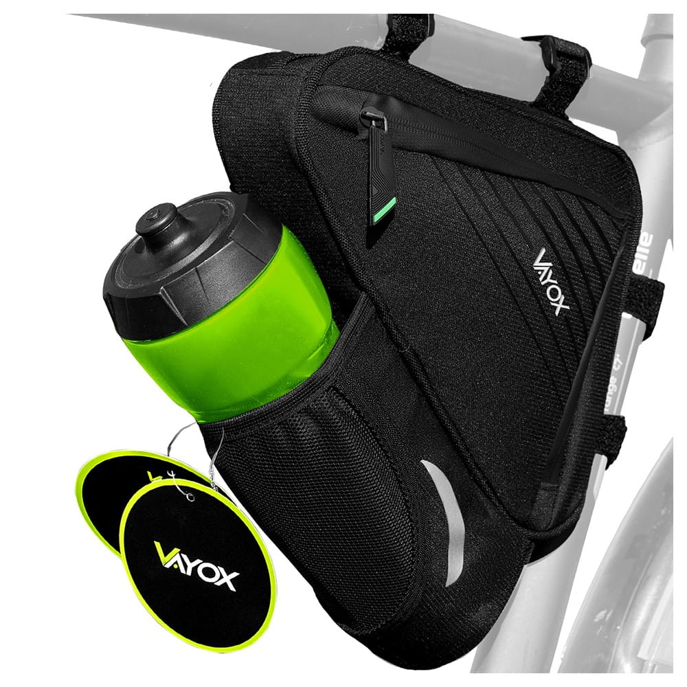Vayox VA0348 bike frame bag with bottle holder, 1.5L capacity, black, mounted on bike frame.