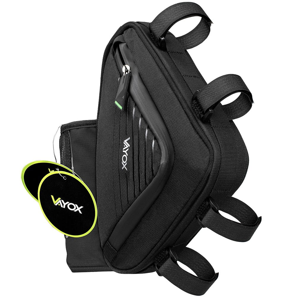Vayox VA0348 black bike frame bag with bottle holder, 1.5L capacity, triangle shape for secure fit on bicycle frame.