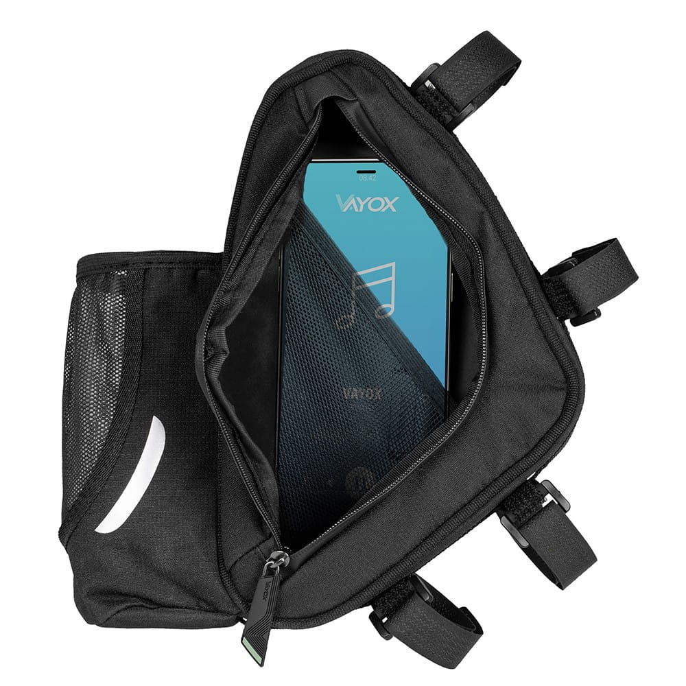Vayox VA0348 black frame bag with bottle holder, 1.5L capacity, open view showing storage space on a bike frame.